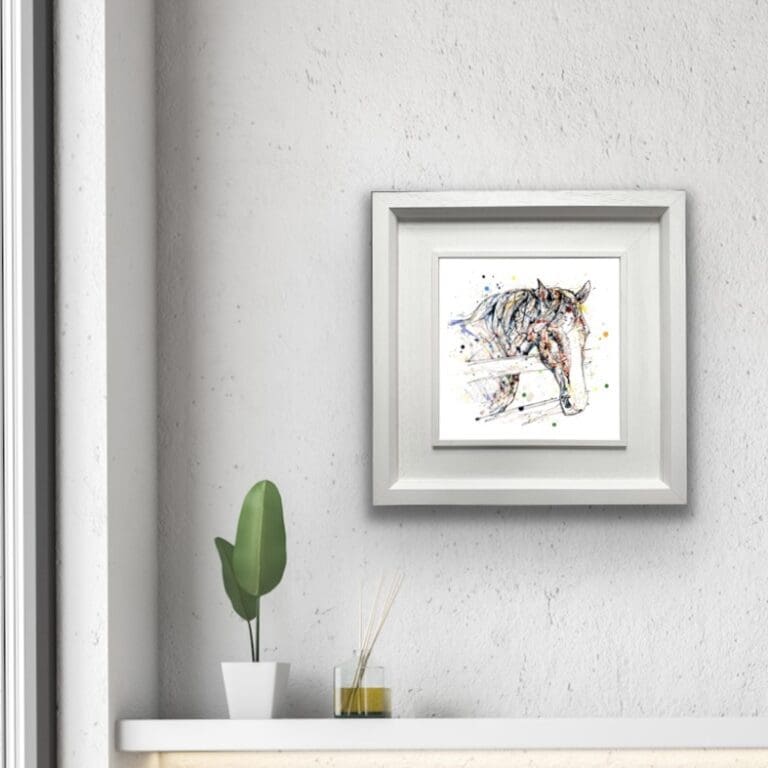 Hudson horse print shown in deluxe white frame in situ