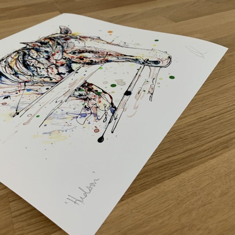 Photograph of Hudson, a print of a farmyard horse by Kathryn Callaghan, which shows the print's title handwritten in the bottom left corner and the artist's signature in the bottom right, with space between to add a custom personalisation.