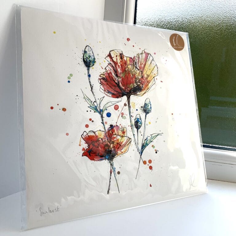 A print of Sunburst by Kathryn Callaghan, which features two red poppies. The 30cm print is presented flat in a clear cello bag with a golden KC sticker in the top right.