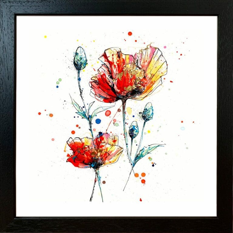 Sunburst Poppies Floral Flowers Paper Giclee Fine Art Print shown in Black Frame