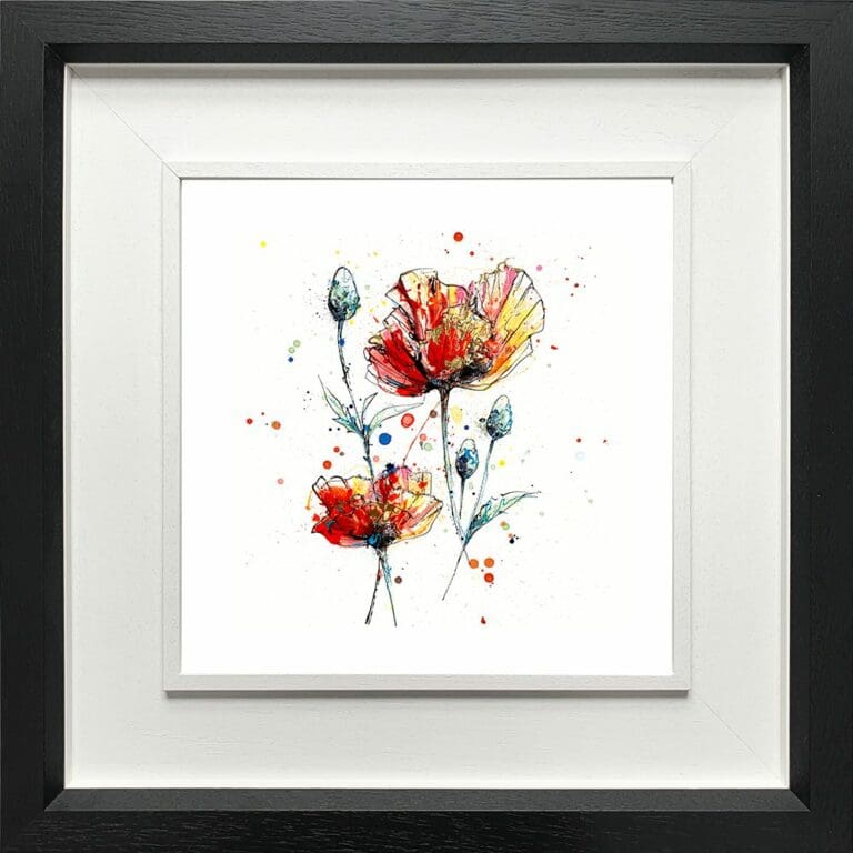 Sunburst Poppies Flowers Paper Giclee Fine Art Print in Deluxe Black Frame