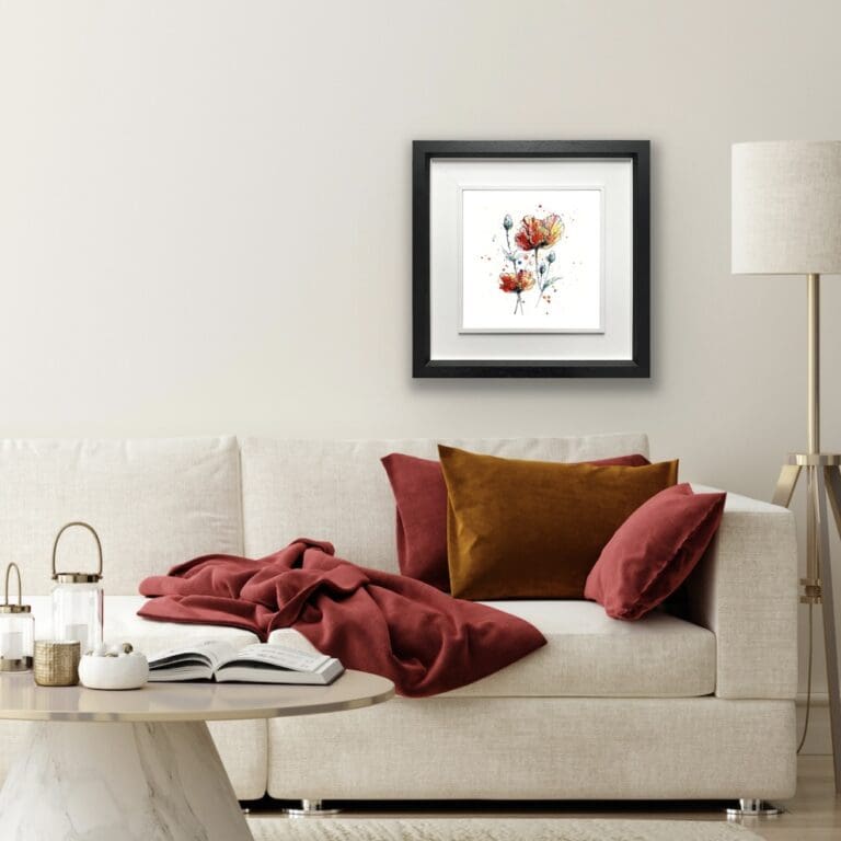 Sunburst Poppy Print shown in Deluxe Black Frame in Situ