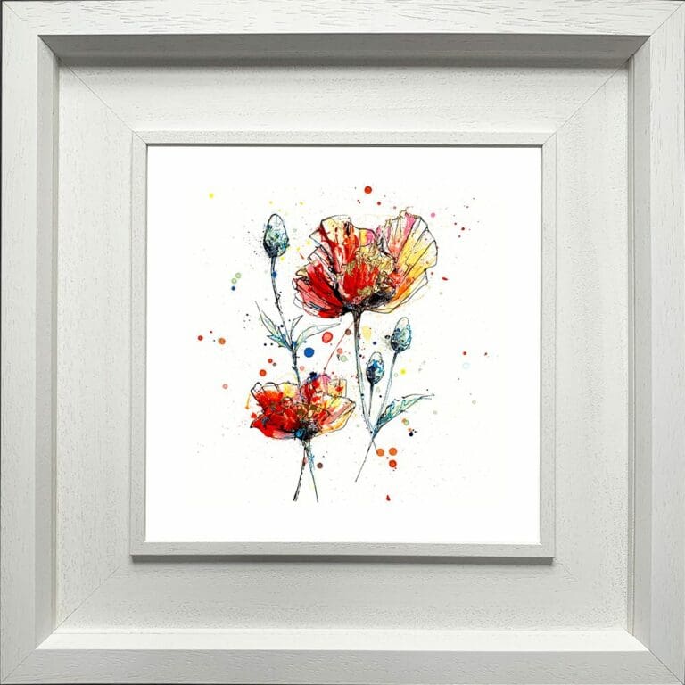 Sunburst Poppies Flowers Paper Giclee Fine Art Print in Deluxe White Frame