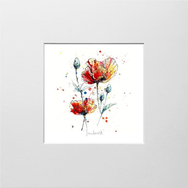 A digital mockup showing how a miniature print of Sunburst by Kathryn Callaghan will look presented in a 23cm mount. Sunburst features two poppies.