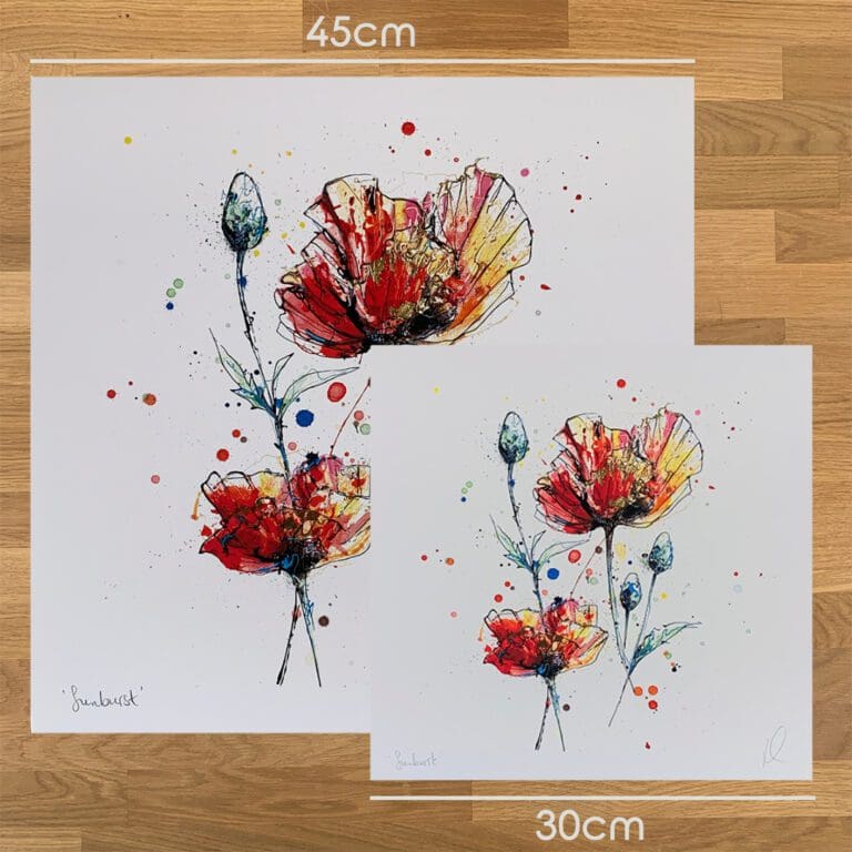 Two prints of Sunburst by Kathryn Callaghan, to show the size difference between the 45cm print and the 30cm print.