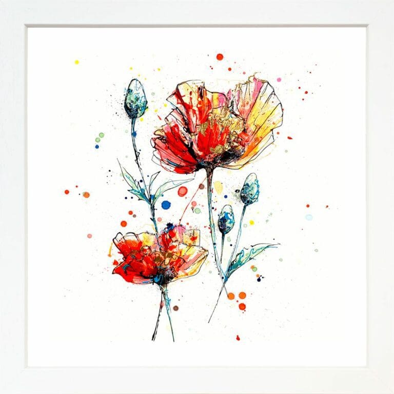 Sunburst Poppies Floral Flowers Paper Giclee Fine Art Print shown in White Frame