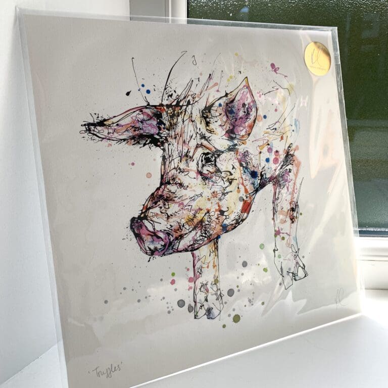 A print of Truffles by Kathryn Callaghan, which features a cheeky looking pig. The 30cm print is presented flat in a clear cello bag with a golden KC sticker in the top right.