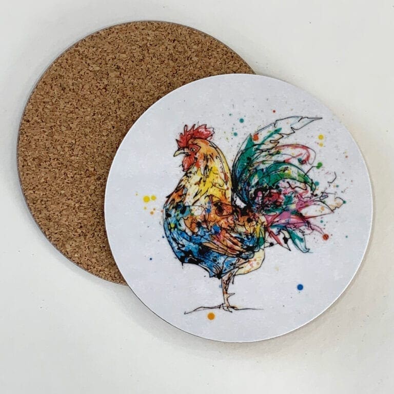 A coaster featuring a print of a cockerel named Clarence by Kathryn Callaghan