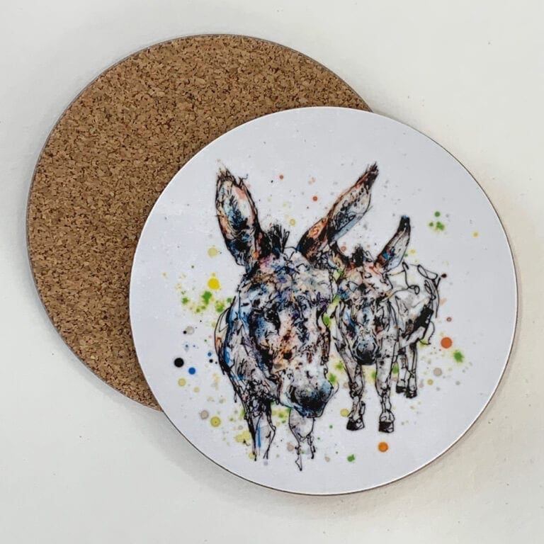 A coaster featuring a print of a pair of donkeys named Companions by Kathryn Callaghan.