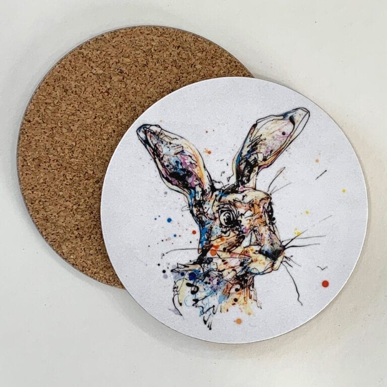 A coaster featuring a hare print named Hartley by Kathryn Callaghan