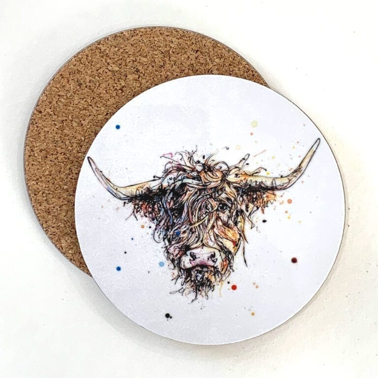 A coaster featuring a print of a Highland Cow named Harris by Kathryn Callaghan