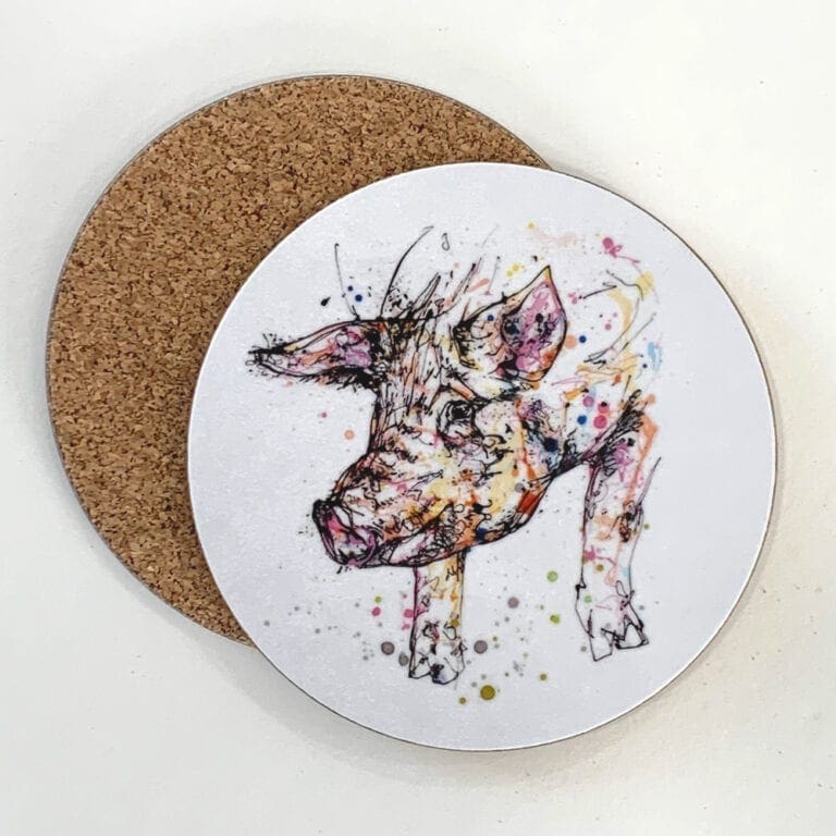 A coaster featuring a print of a pig named Truffles by Kathryn Callaghan.