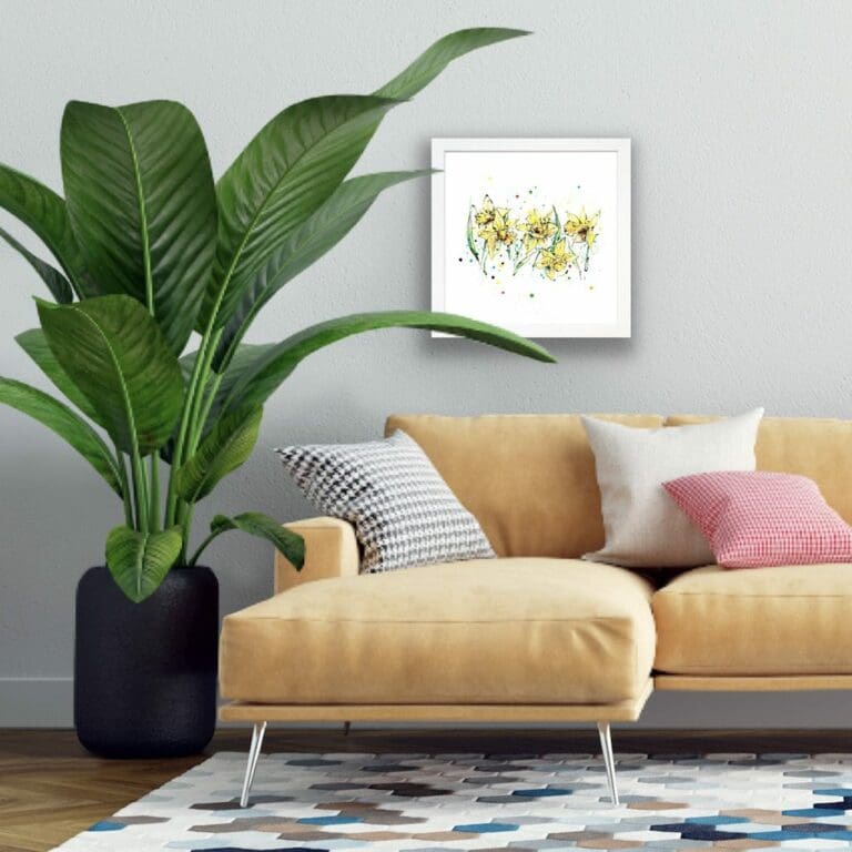 Ray of Sunshine Daffodils Floral Paper Giclee Fine Art Print in White Frame in Situ