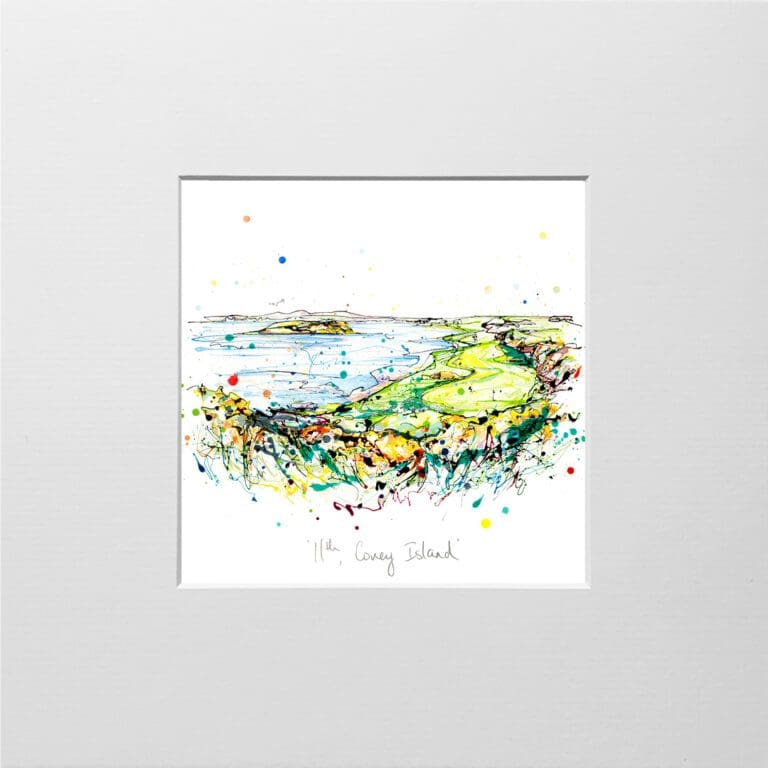 A digital mockup showing how a miniature print of 11th Coney Island by Kathryn Callaghan will look presented in a 23cm mount. 11th Coney Island features the eleventh hole at Ardglass Golf Club.