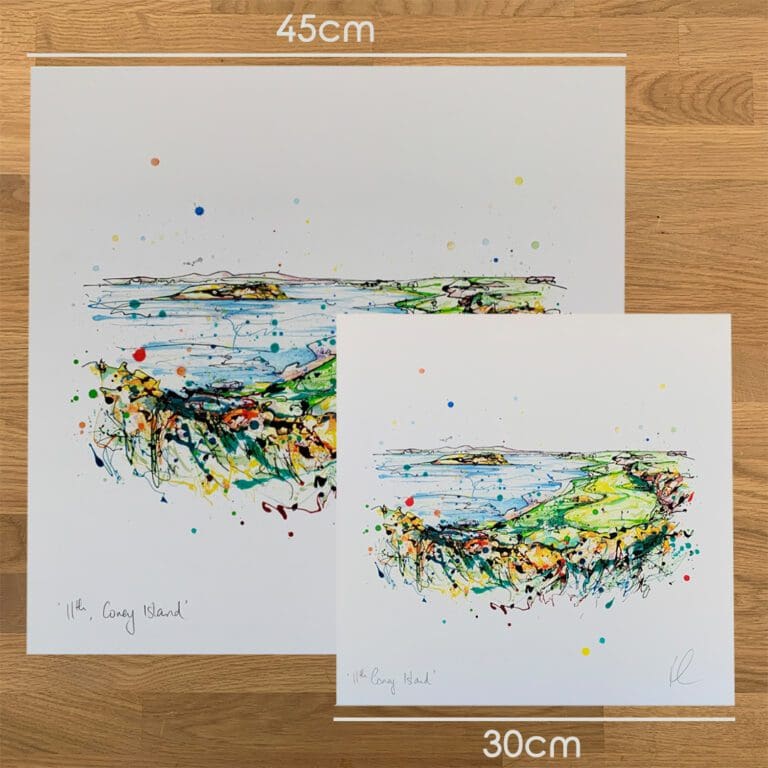 Two prints of 11th Coney Island, an Ardglass Golf Course print by Kathryn Callaghan, to show the size difference between the 45cm print and the 30cm print.