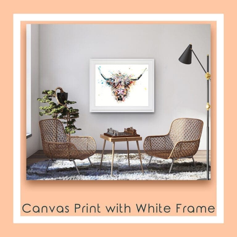 Angus Canvas Print in White Frame in situ