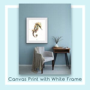 Bobbing Seahorse in a white frame in a populated room