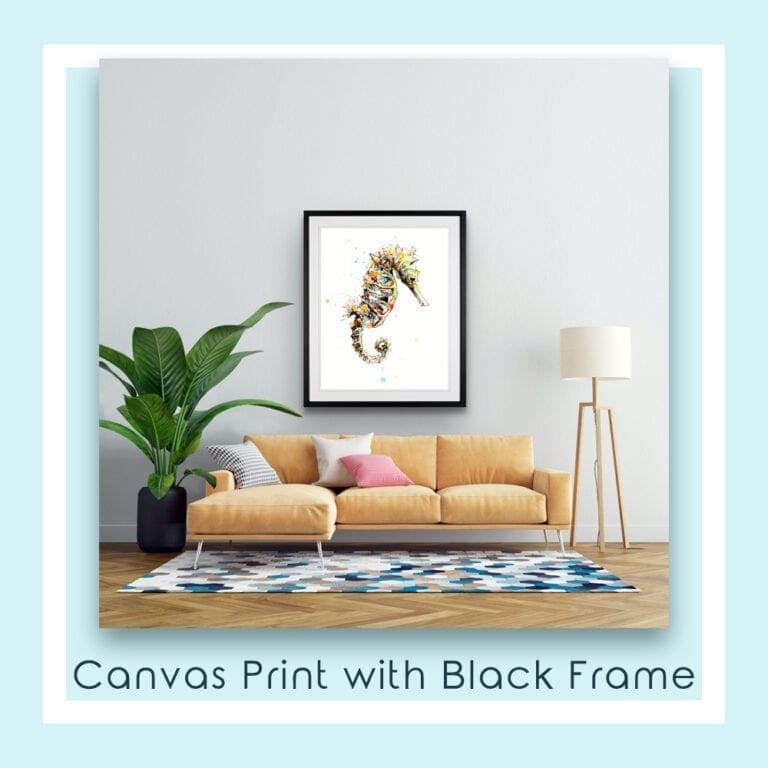 Bobbing Seahorse in a Black Frame in a decorated room