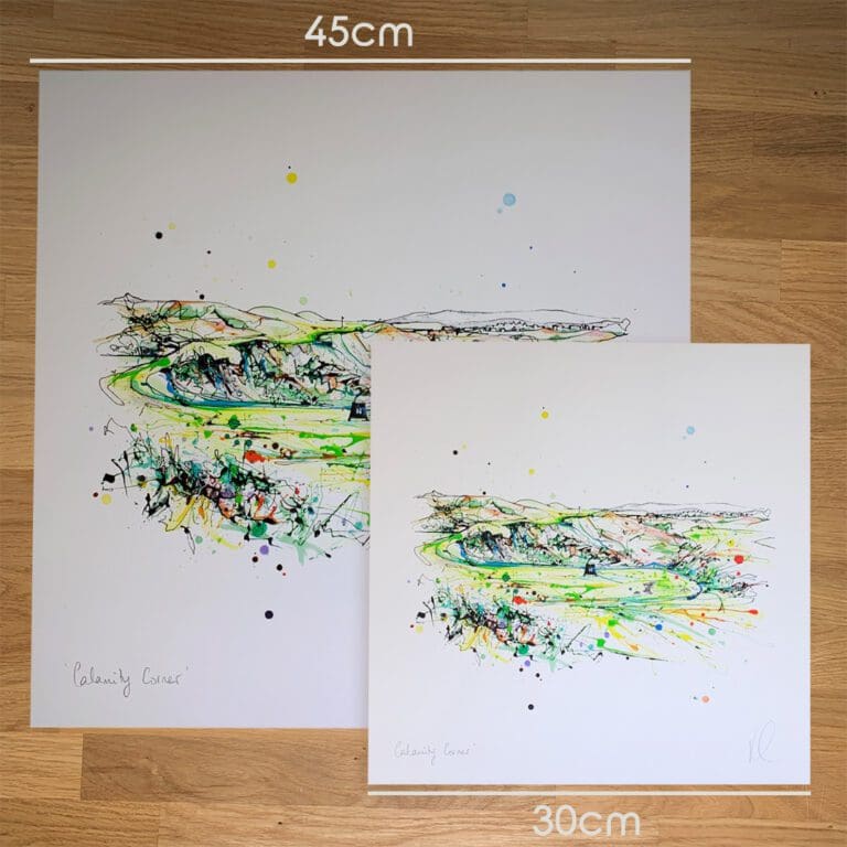 Two prints of Calamity Corner, a Royal County Down Gold Course print by Kathryn Callaghan, to show the size difference between the 45cm print and the 30cm print.