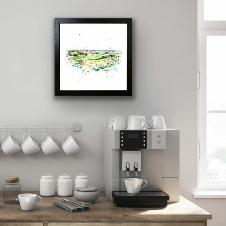 Calamity and the Skerries Royal Portrush Golf Club Landscape North Coast Paper Giclee Fine Art Print shown in Black Frame in Situ