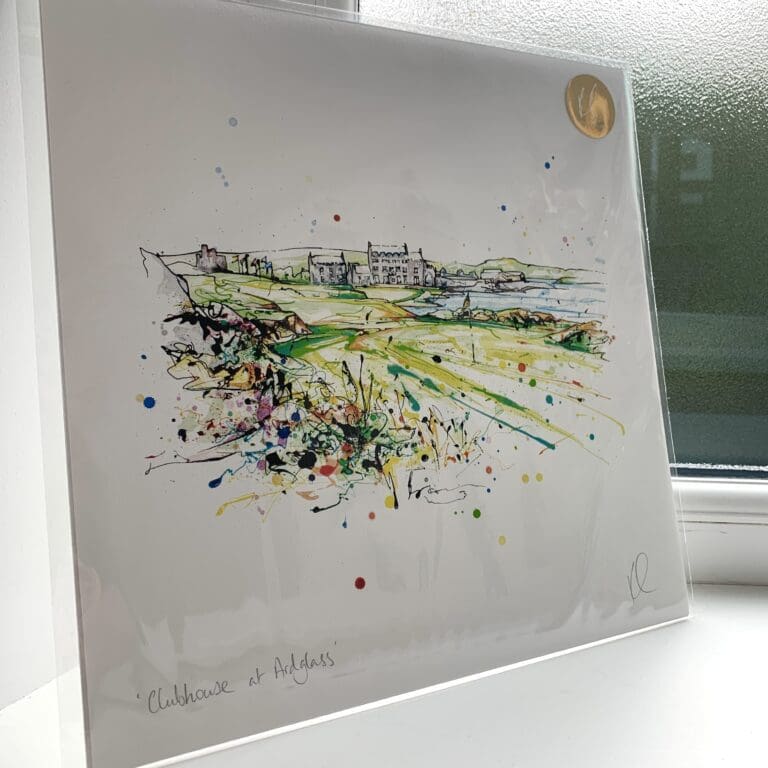 A print of Clubhouse at Ardglass by Kathryn Callaghan, which features the 11th hole at Ardglass Golf Club. The 30cm print is presented flat in a clear cello bag with a golden KC sticker in the top right.