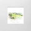 A digital mockup showing how a miniature print of Clubhouse at Ardglass by Kathryn Callaghan will look presented in a 23cm mount. Clubhouse at Ardglass features the historic stone building at Ardglass Golf Club.