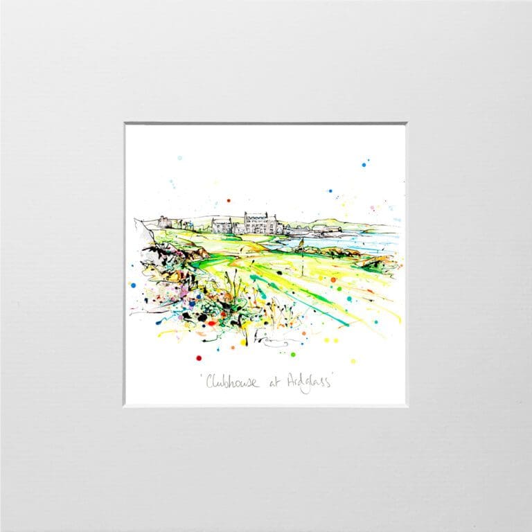 A digital mockup showing how a miniature print of Clubhouse at Ardglass by Kathryn Callaghan will look presented in a 23cm mount. Clubhouse at Ardglass features the historic stone building at Ardglass Golf Club.