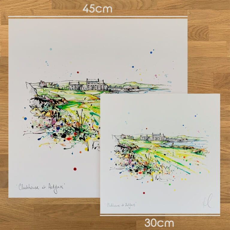 Two prints of Clubhouse at Ardglass, an Ardglass Golf Course print by Kathryn Callaghan, to show the size difference between the 45cm print and the 30cm print.