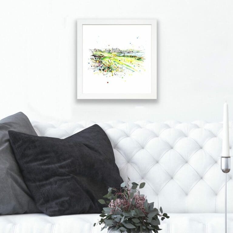 Clubhouse at Ardglass Golf Landscape Paper Giclee Fine Art Print shown in White Frame in Situ