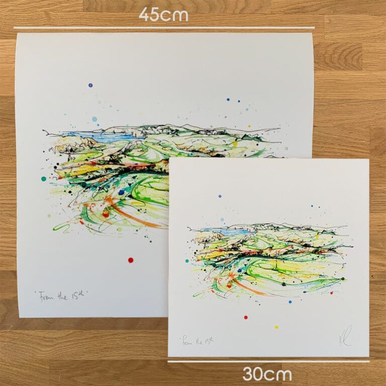 Two prints of From the 15th, a Royal County Down Golf Club print by Kathryn Callaghan, to show the size difference between the 45cm print and the 30cm print.