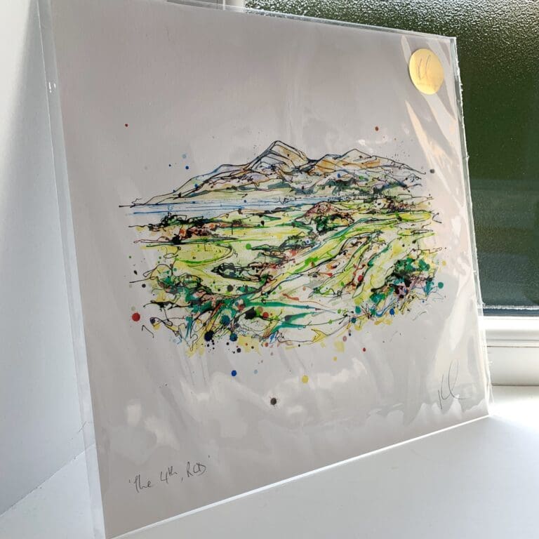 A print of The 4th RCD by Kathryn Callaghan, which features the 4th hole at Royal County Down Golf Club. The 30cm print is presented flat in a clear cello bag with a golden KC sticker in the top right.