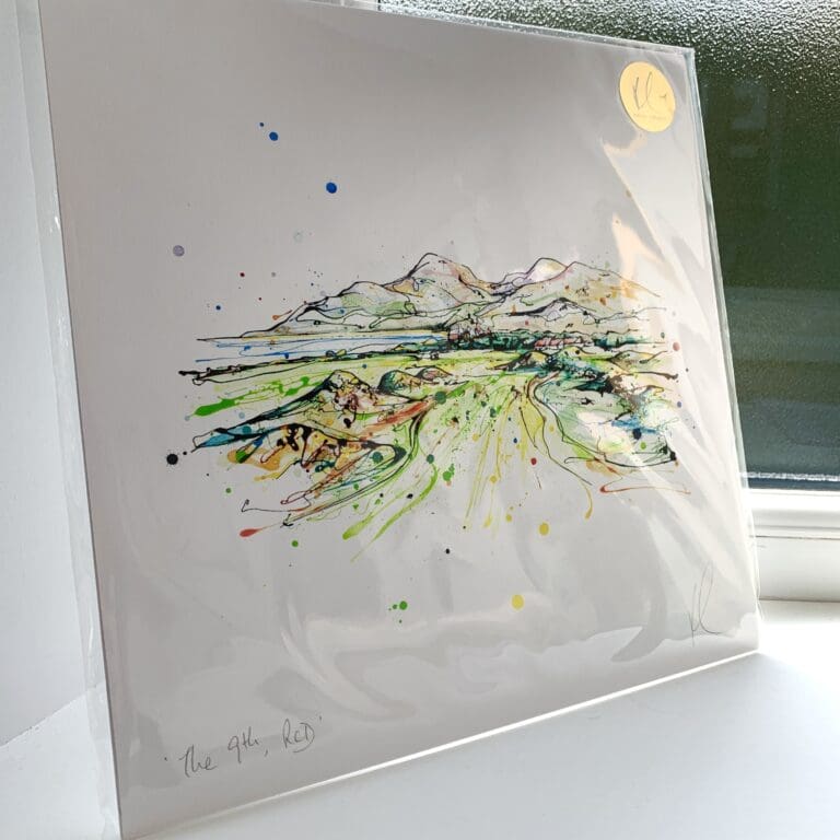 A print of The 9th RCD by Kathryn Callaghan, which features the 9th hole at Royal County Down Golf Club. The 30cm print is presented flat in a clear cello bag with a golden KC sticker in the top right.