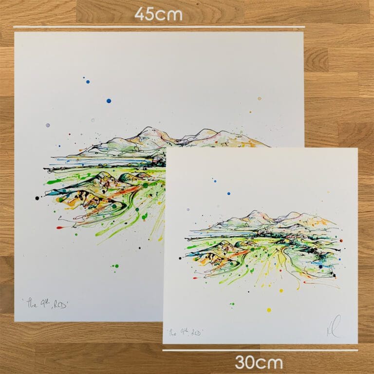 Two prints of The 9th RCD, a Royal County Down Golf Club print by Kathryn Callaghan, to show the size difference between the 45cm print and the 30cm print.