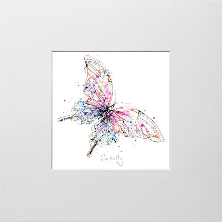 A digital mockup showing how a miniature print of Flutterfly by Kathryn Callaghan will look presented in a 23cm mount. The print features a pink and blue butterfly.