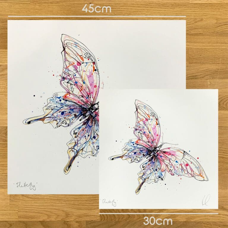 Two prints of Flutterfly by Kathryn Callaghan, to show the size difference between the 45cm print and the 30cm print.