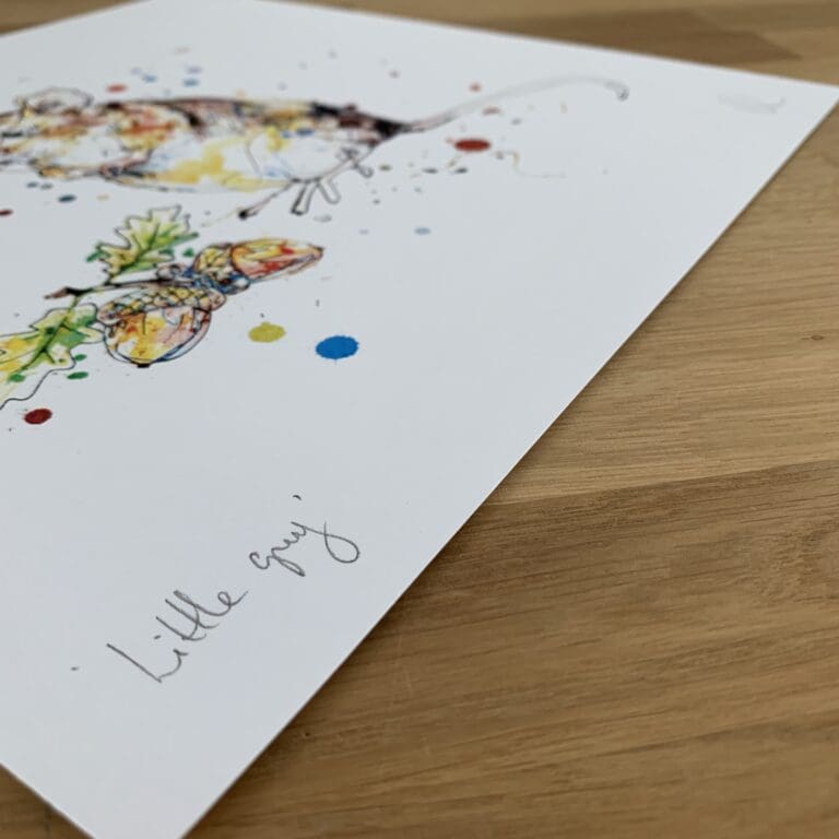 Photograph of Little Guy, a print of a wood mouse snacking on a pair of acorns by Kathryn Callaghan, which shows the print's title handwritten in the bottom left corner and the artist's signature in the bottom right, with space between to add a custom personalisation.