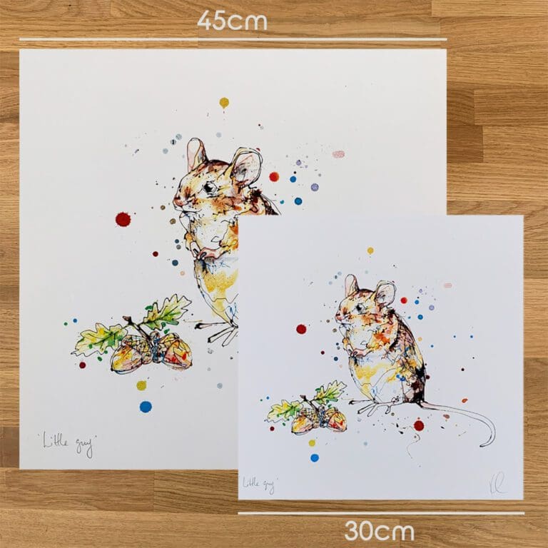 Two prints of Little Guy by Kathryn Callaghan, to show the size difference between the 45cm print and the 30cm print.