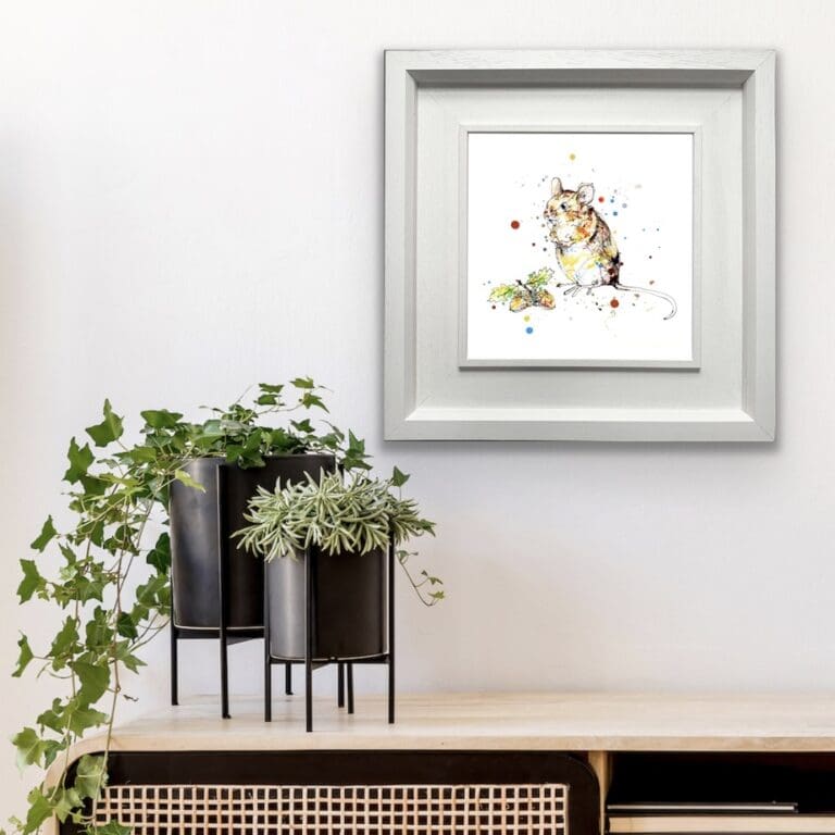 Little Guy Mouse Giclee Print shown in Deluxe White Frame in Situ