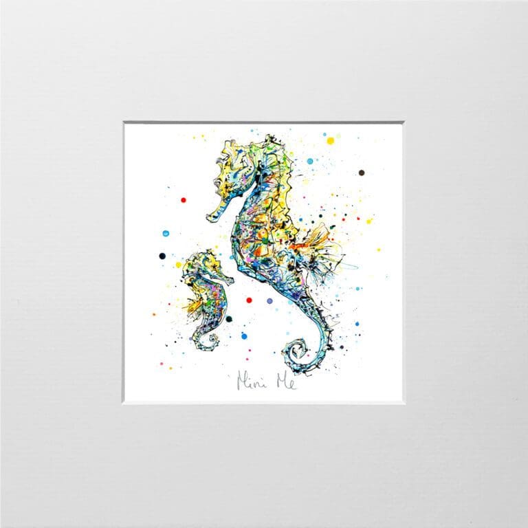 A digital mockup showing how a miniature print of Mini Me by Kathryn Callaghan will look presented in a 23cm mount. The print features an adult and baby seahorse in tones of blue, green and yellow.