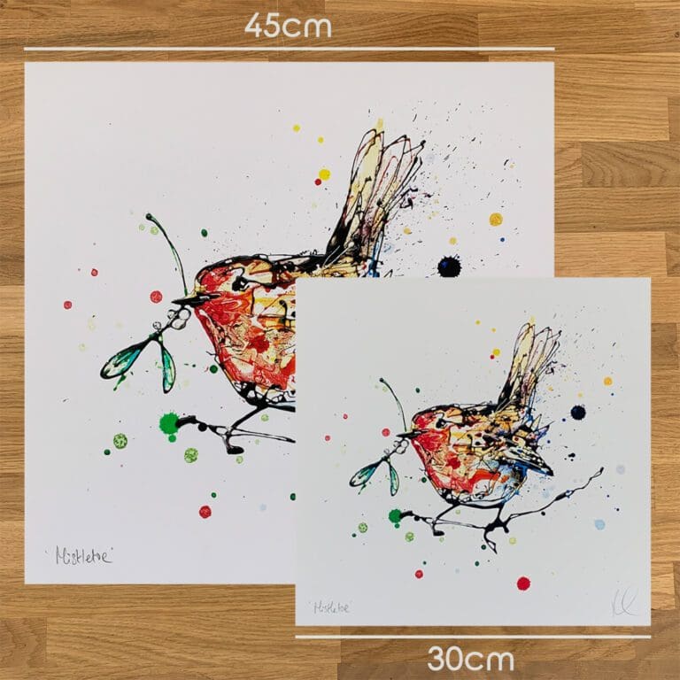 Two prints of Mistletoe by Kathryn Callaghan, to show the size difference between the 45cm print and the 30cm print.