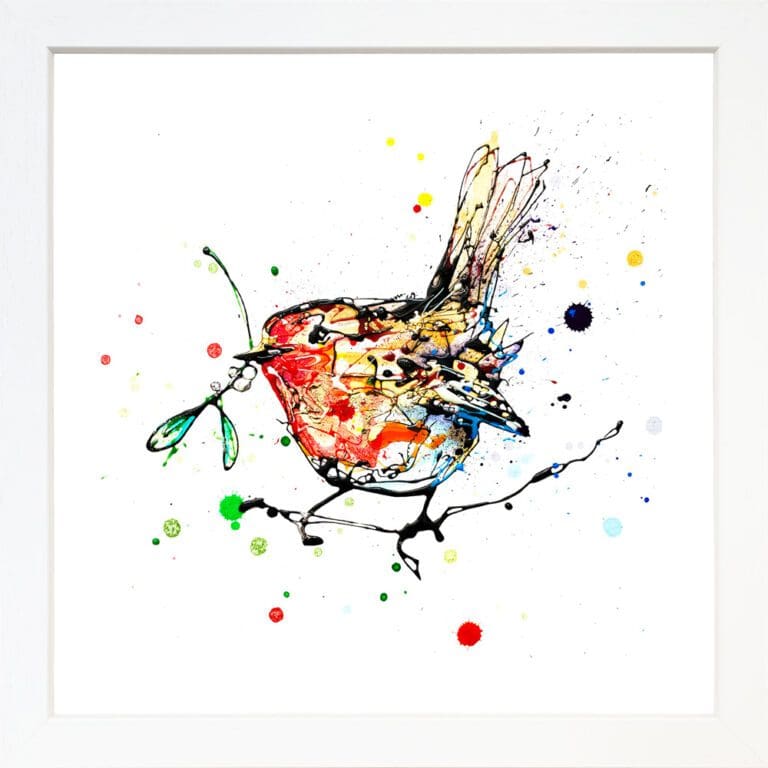 Mistletoe Robin Giclee Paper Fine Art Print in White Frame