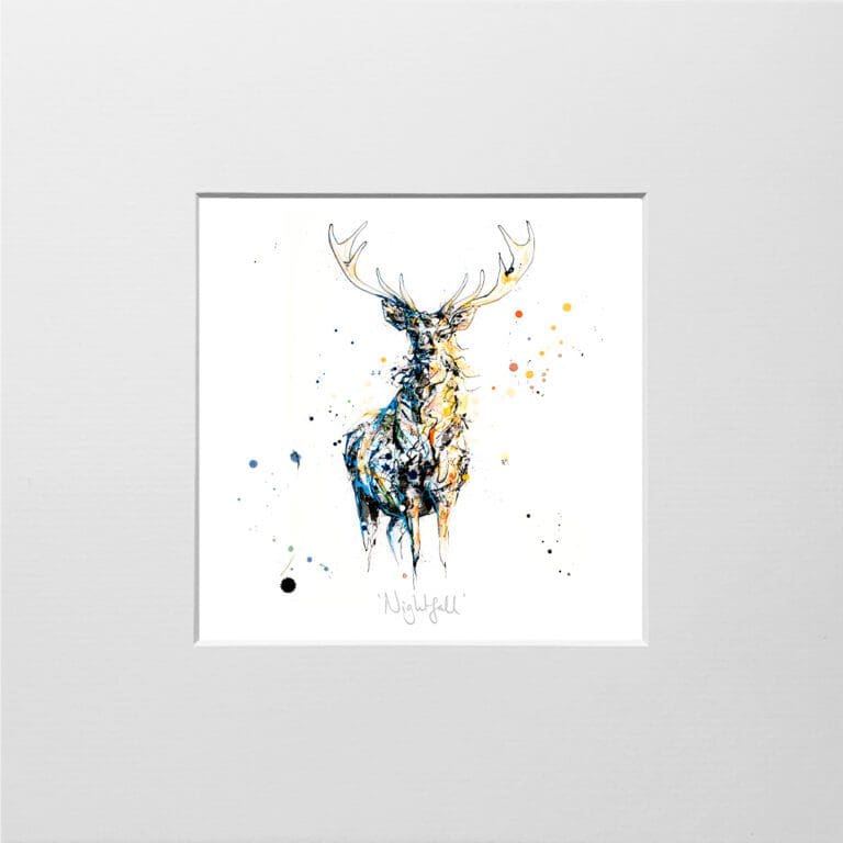 A digital mockup showing how a miniature print of Nightfall by Kathryn Callaghan will look presented in a 23cm mount. The print features a stag lit in dark blue and gold tones.