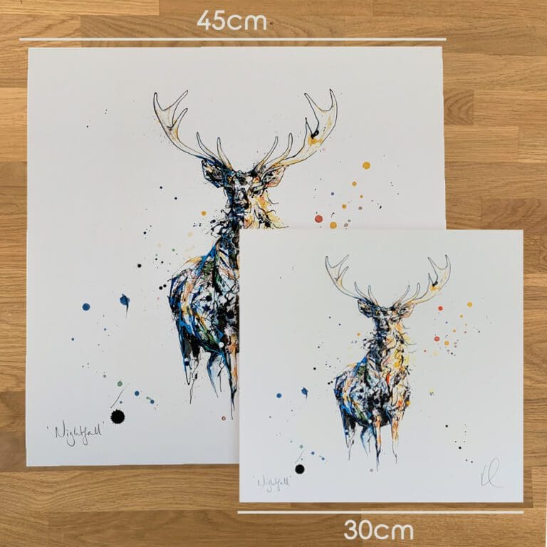 Two prints of Nightfall, a stag print by Kathryn Callaghan, to show the size difference between the 45cm print and the 30cm print.