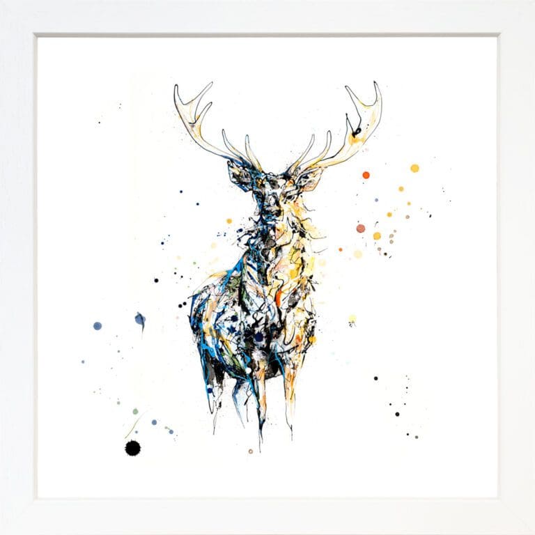 Nightfall Stag Giclee Paper Fine Art Print in White Frame