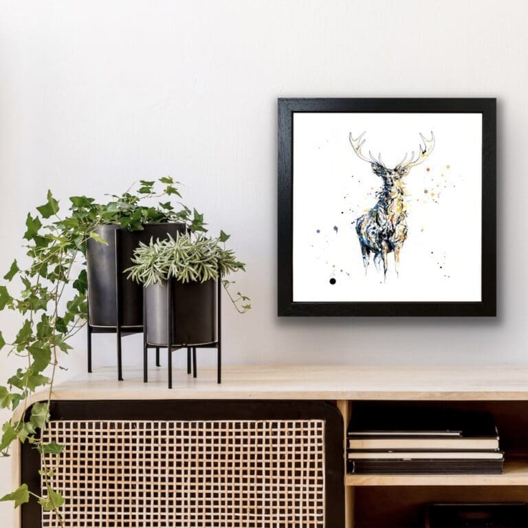 Nightfall Stag Fine Art Print in Black Frame in Situ