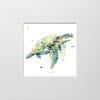 A digital mockup showing how a miniature print of Tranquil by Kathryn Callaghan will look presented in a 23cm mount. The print features a sea turtle drifting serenely.