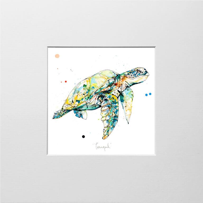 A digital mockup showing how a miniature print of Tranquil by Kathryn Callaghan will look presented in a 23cm mount. The print features a sea turtle drifting serenely.