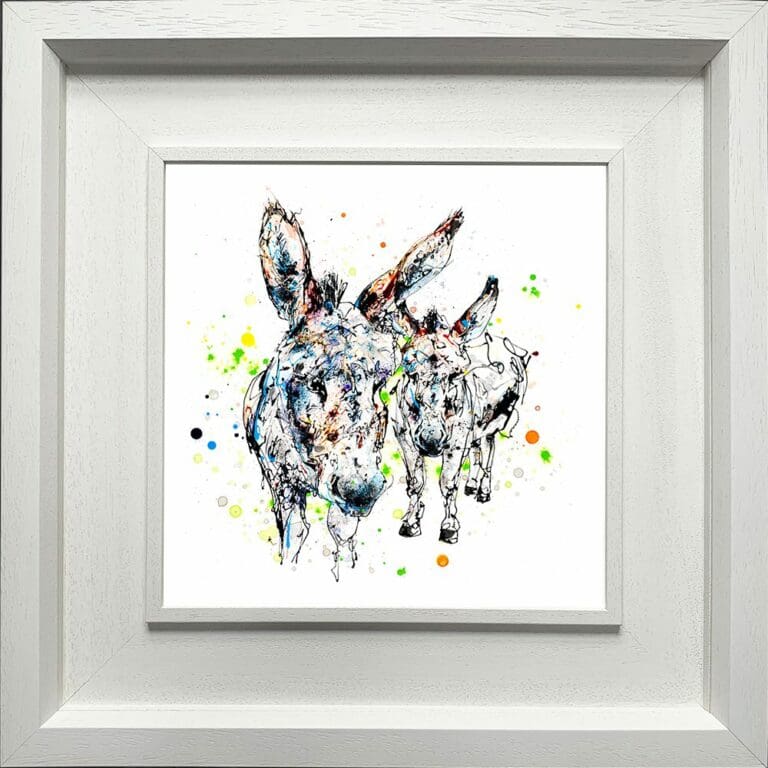 Companions Donkeys Fine Art Paper Giclee Print in Deluxe White Frame