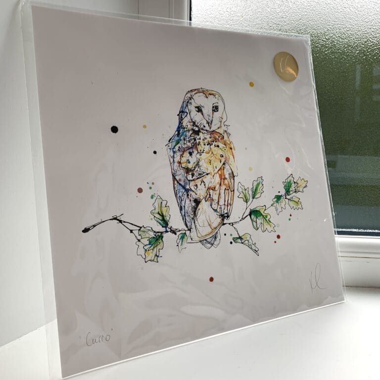 A print of Curio by Kathryn Callaghan, which features a barn owl looking back over its shoulder at the viewer. The 30cm print is presented flat in a clear cello bag with a golden KC sticker in the top right.