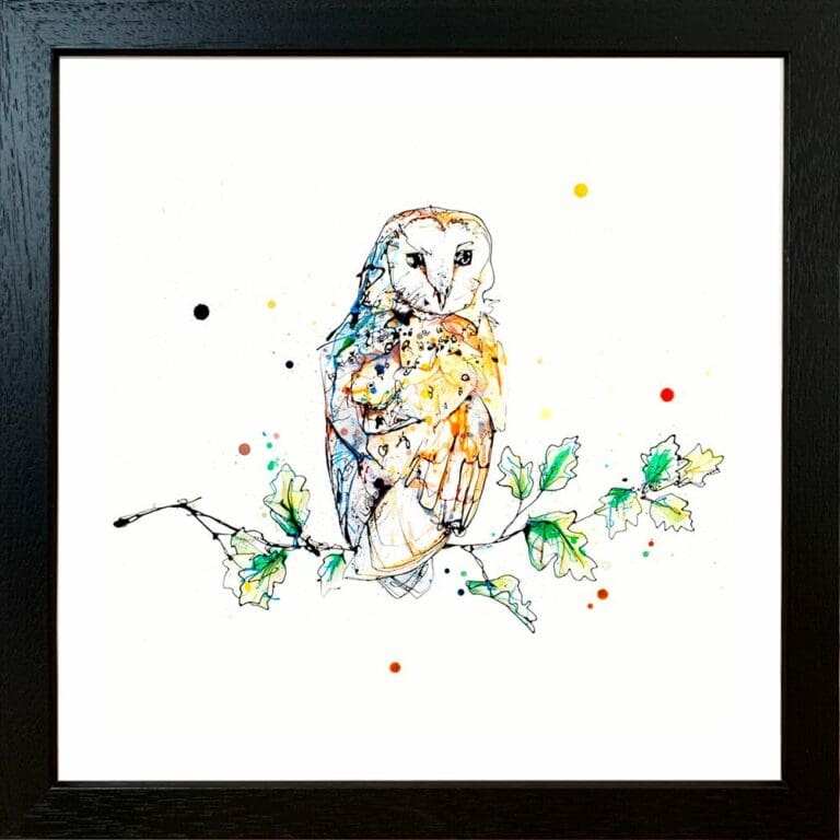 Curio Barn Owl Curiosity Birds of Prey Paper Giclee Fine Art Print shown in Standard Black Frame